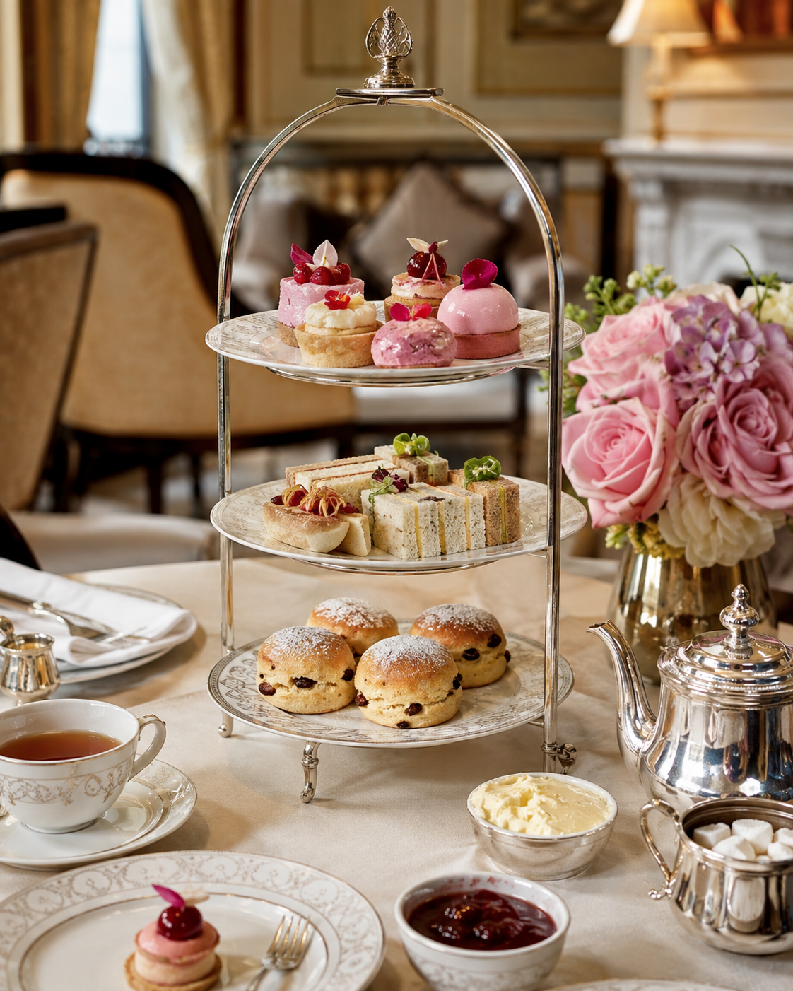 A traditional three-tier afternoon tea
