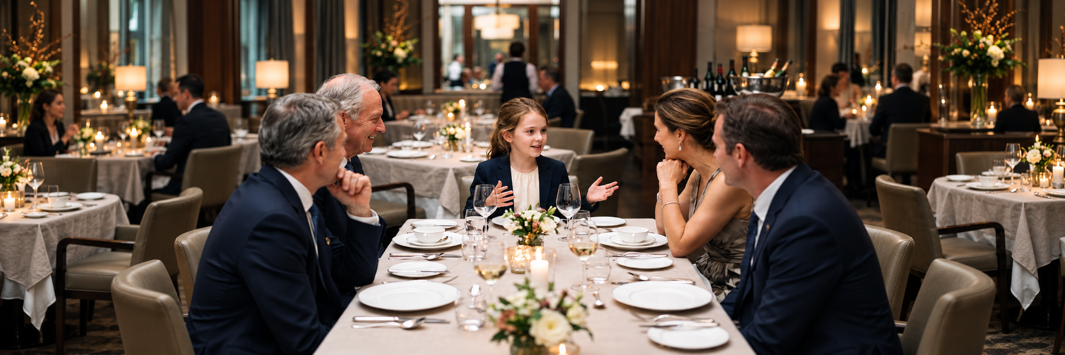 A family dining together in a formal restaurant, a child in conversation at the table