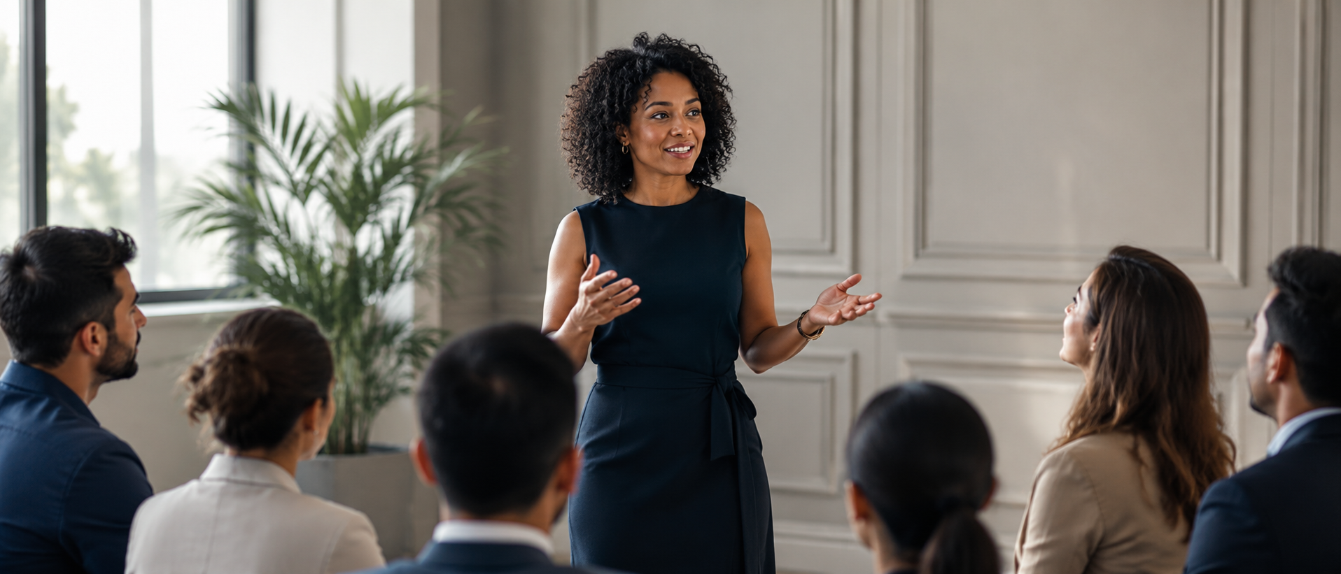 A confident presenter addressing an audience