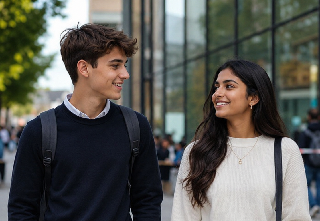 Two teenagers in confident conversation outside a modern campus building