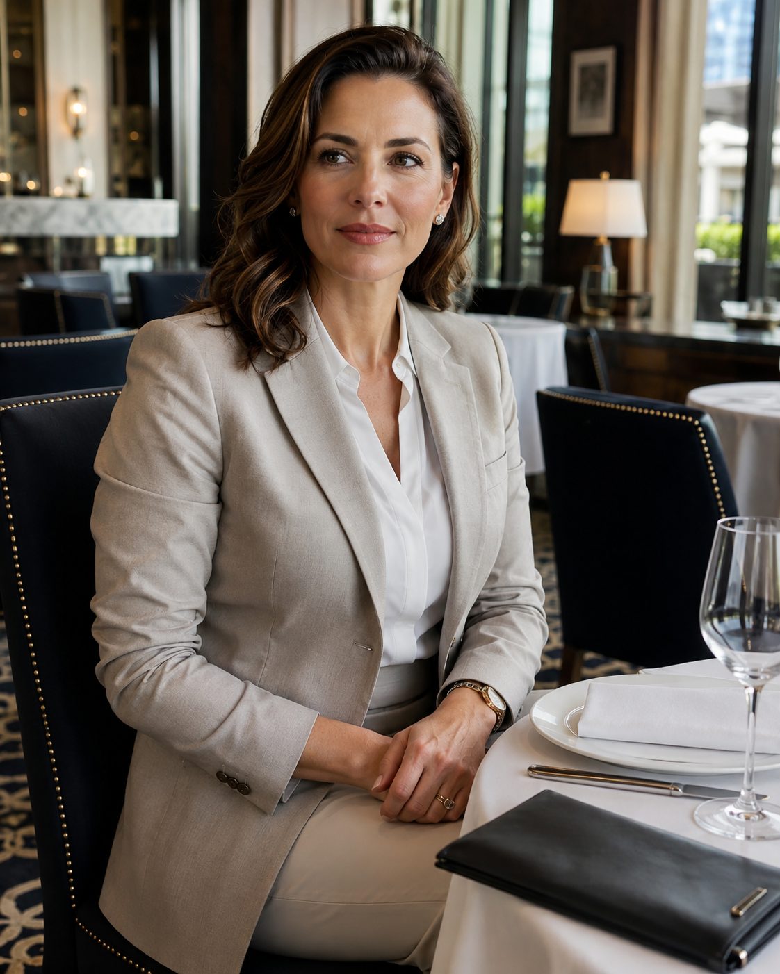 A woman seated at a restaurant table