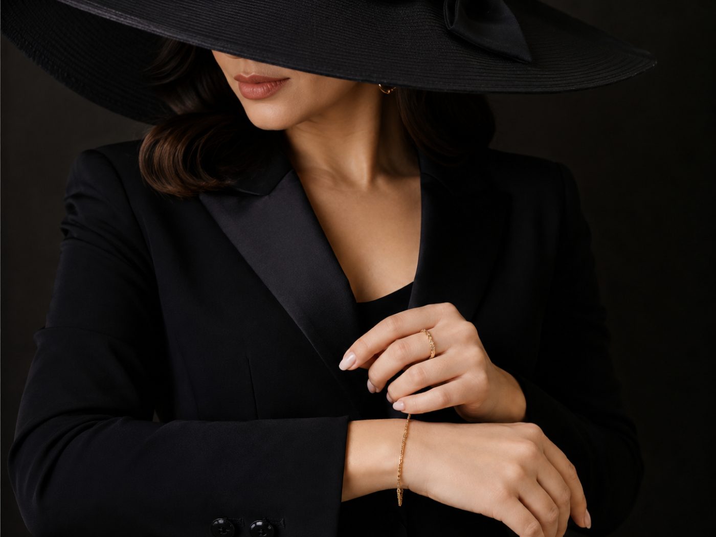 A poised woman in an elegant black hat and tailored blazer