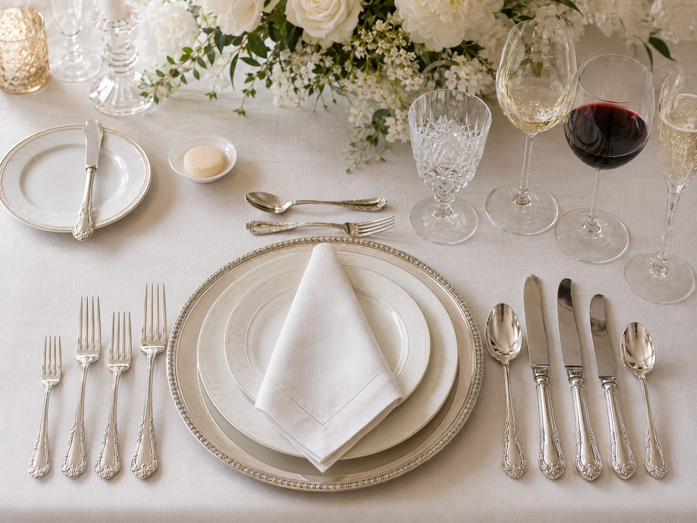 A formal place setting with silver cutlery and crystal glassware