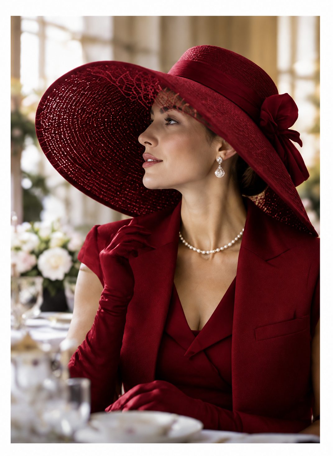 A woman in a red hat and gloves at a formal luncheon