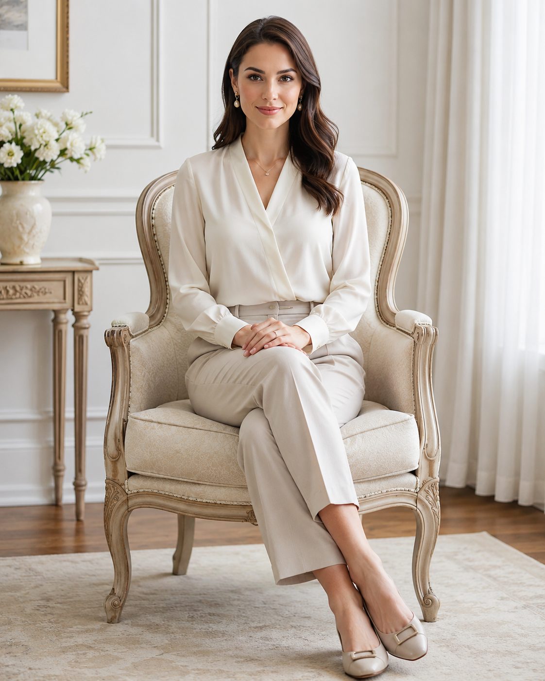 A woman seated gracefully in a pale drawing room
