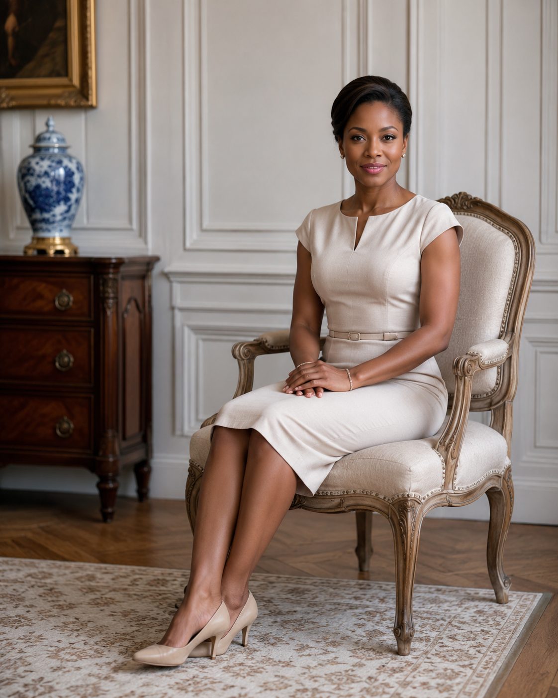 A woman seated with composure in a panelled drawing room
