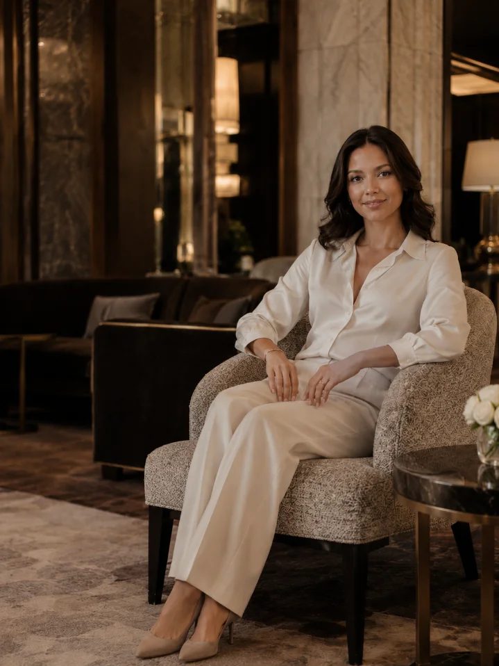 A woman seated with poise in a refined interior