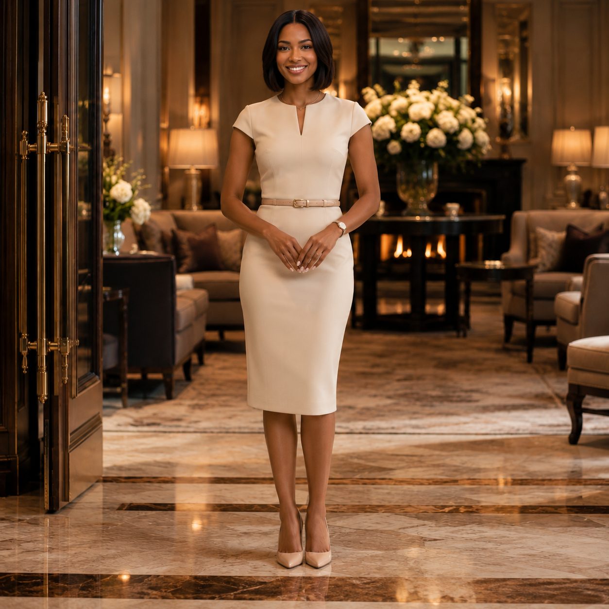 A woman standing with poise in an elegant lobby