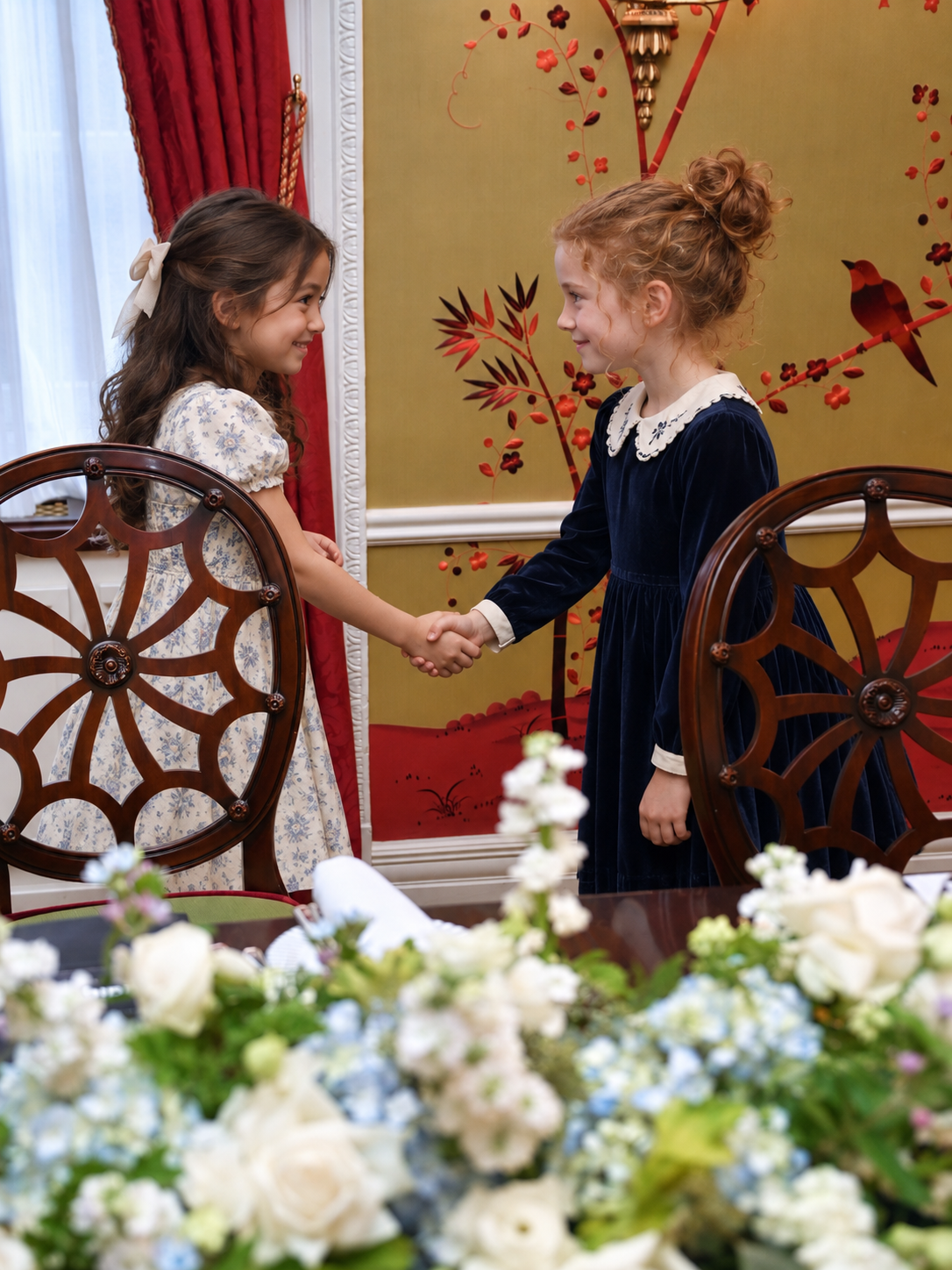 Two girls practising a handshake and eye contact