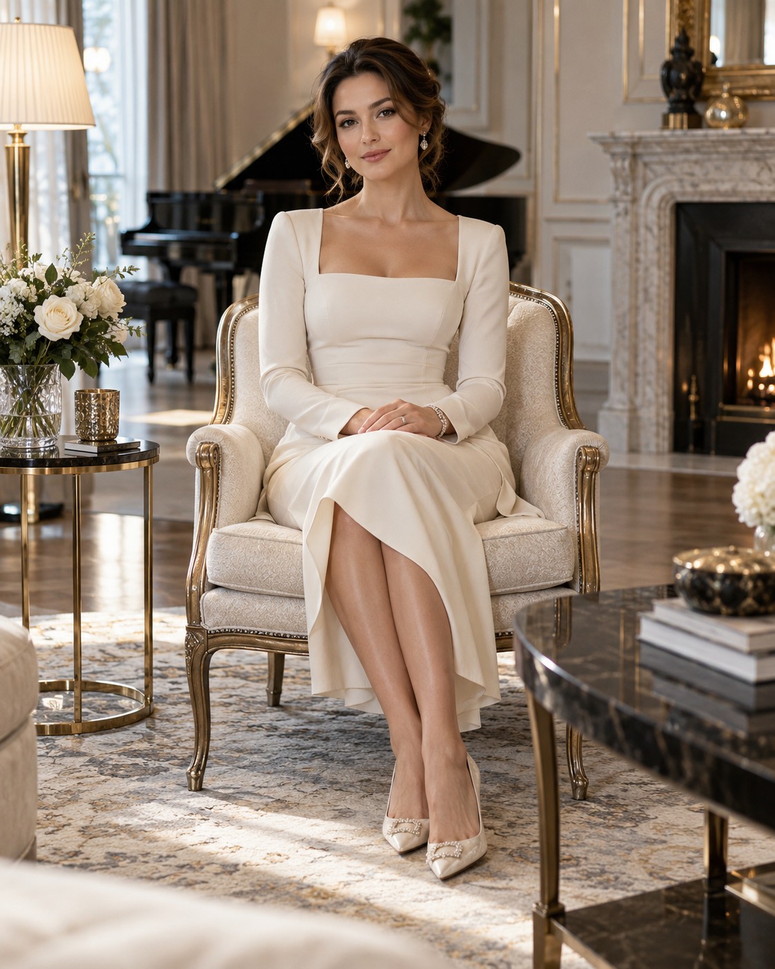 A woman in an ivory dress seated with poise in an elegant drawing room
