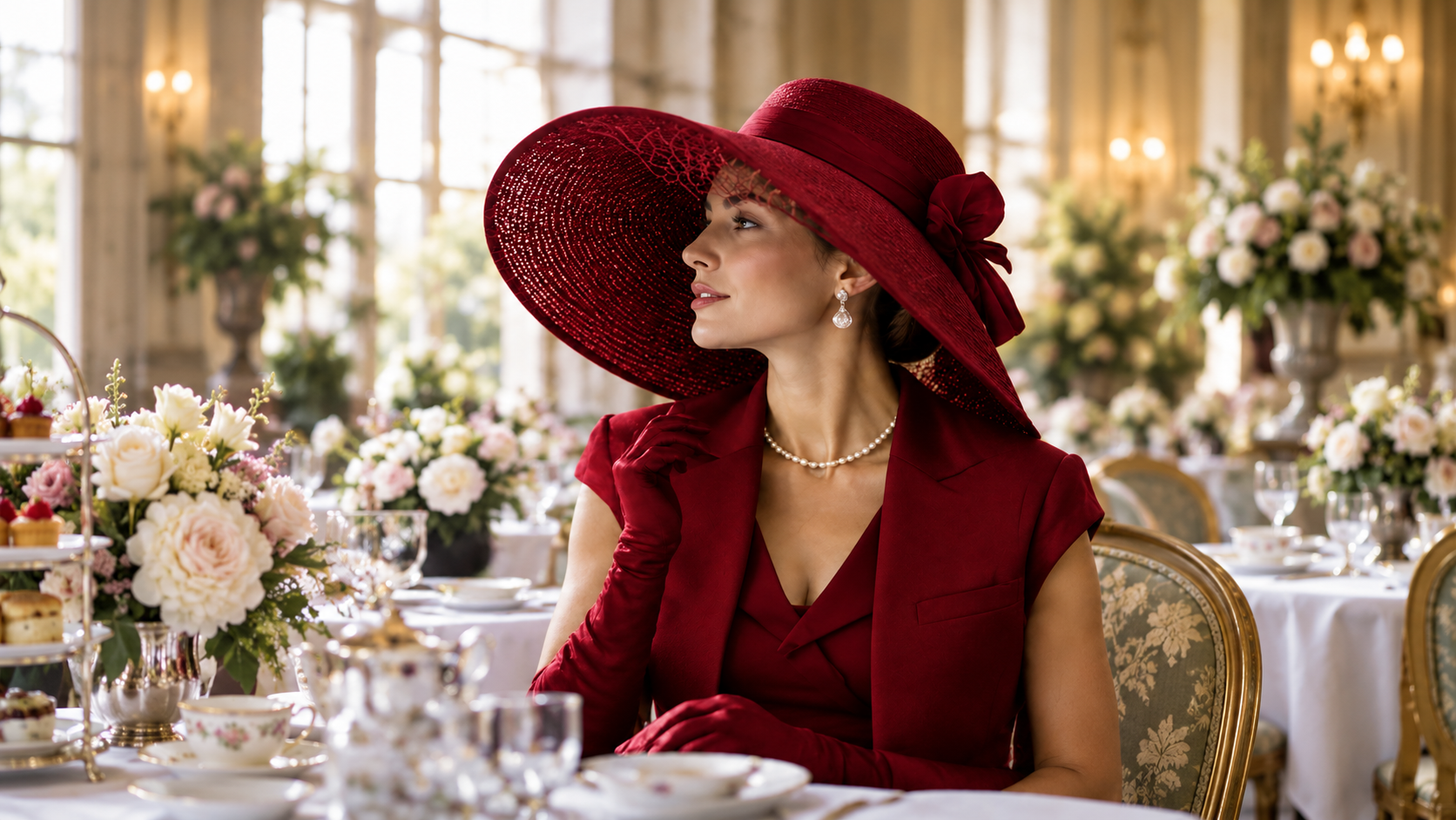 A woman in a wide-brimmed red hat and gloves at an elegant afternoon tea