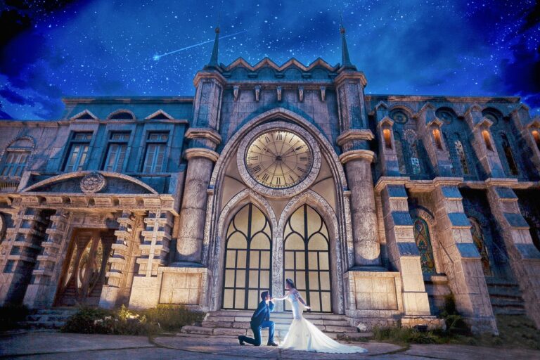 Romantic proposal in front of a gothic building